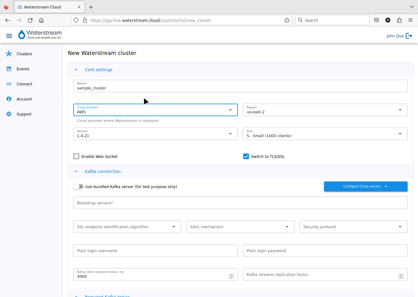 Create Waterstream cluster - core settings