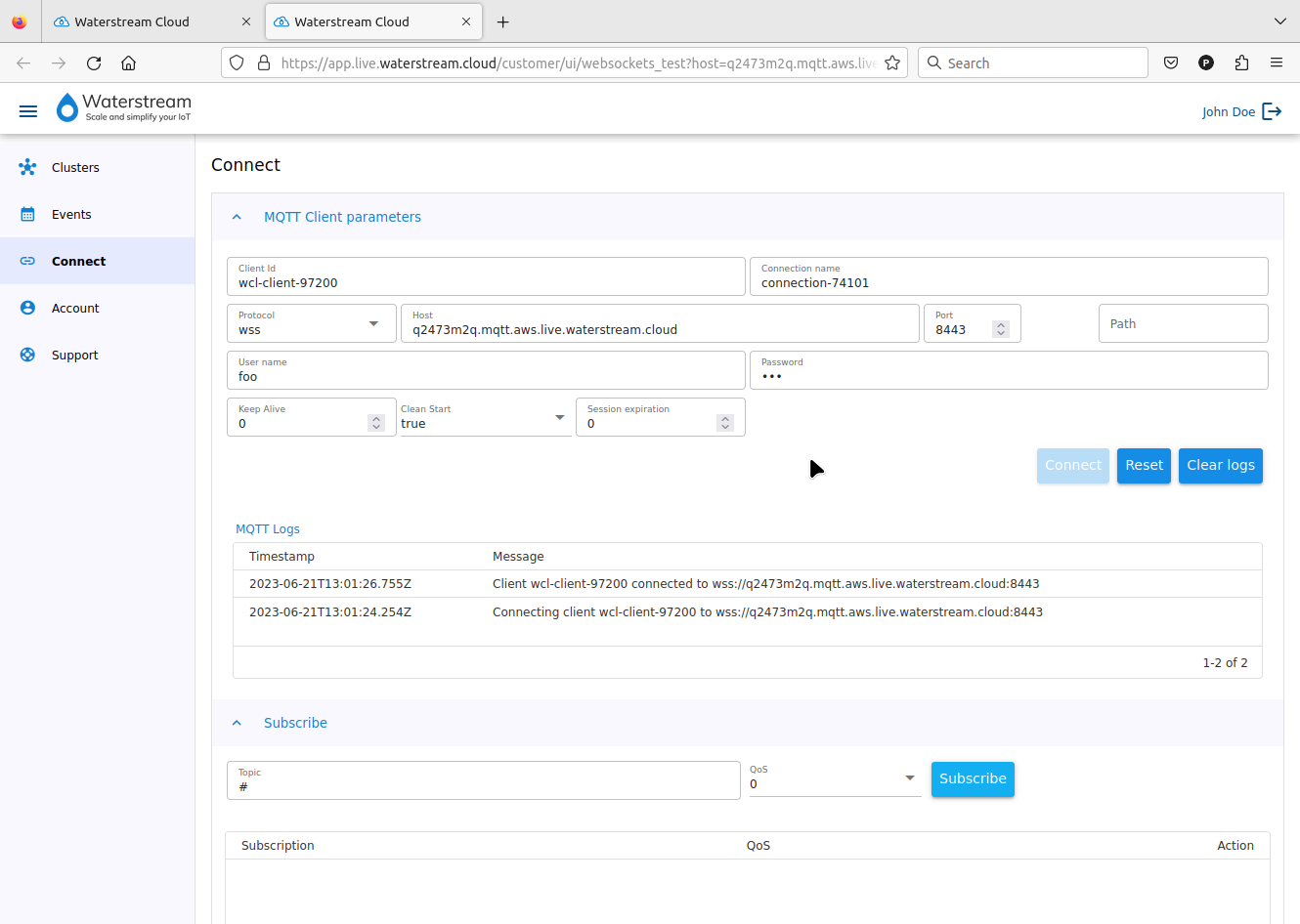 MQTT WebSocket test client - connected